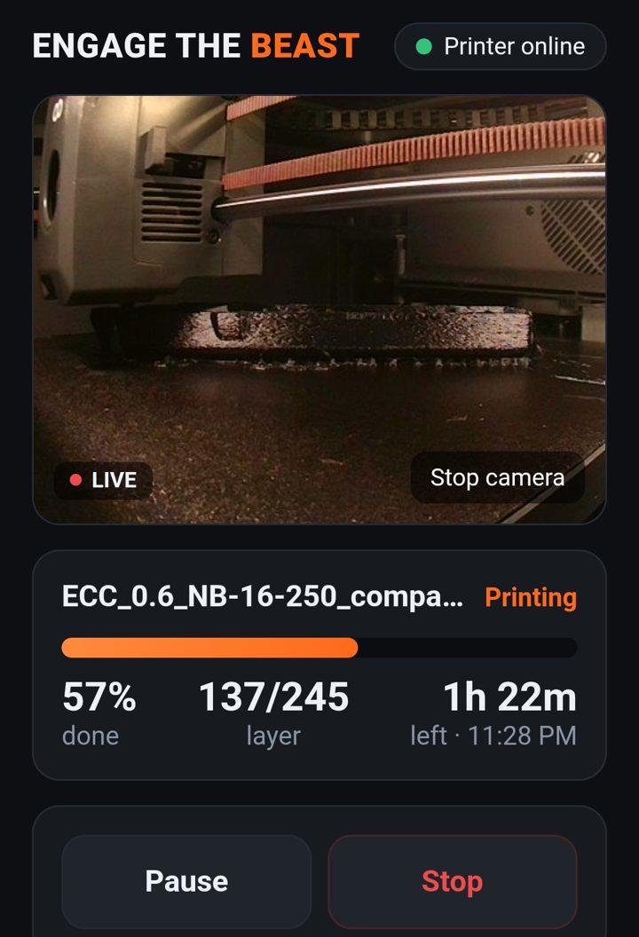 Mini Beast on a phone: live camera of a Centauri Carbon printing, 57% done, layer 137 of 245, 1 hour 22 minutes left